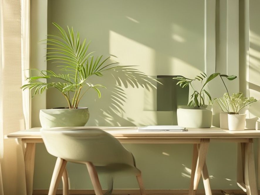 Vår Tilnærming Stille arbeidsplass med plantuker og naturlig lys